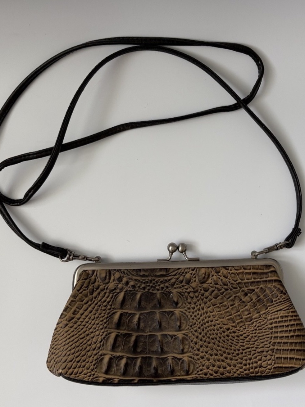 Bueno Faux Croc Kiss Lock Purse Light Brown Black Strap Small Handbag